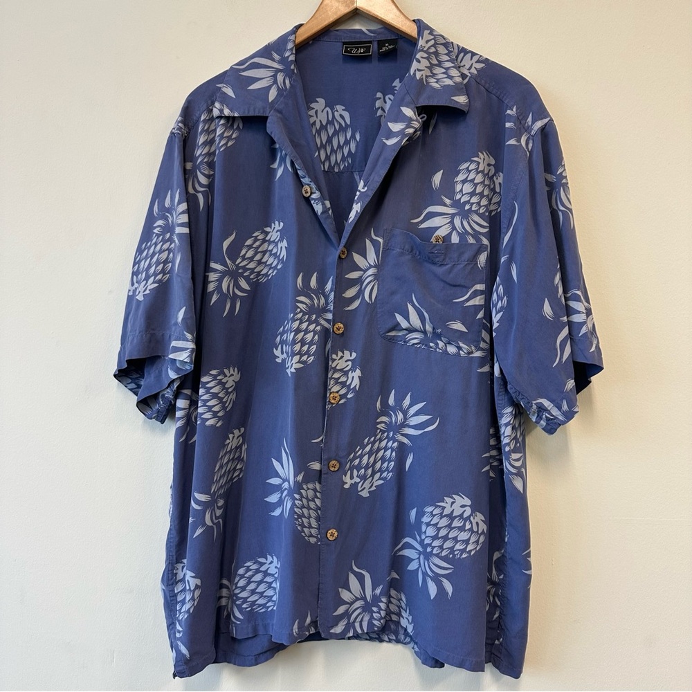 100% Silk Blue Pineapple Print Button-Down Shirt